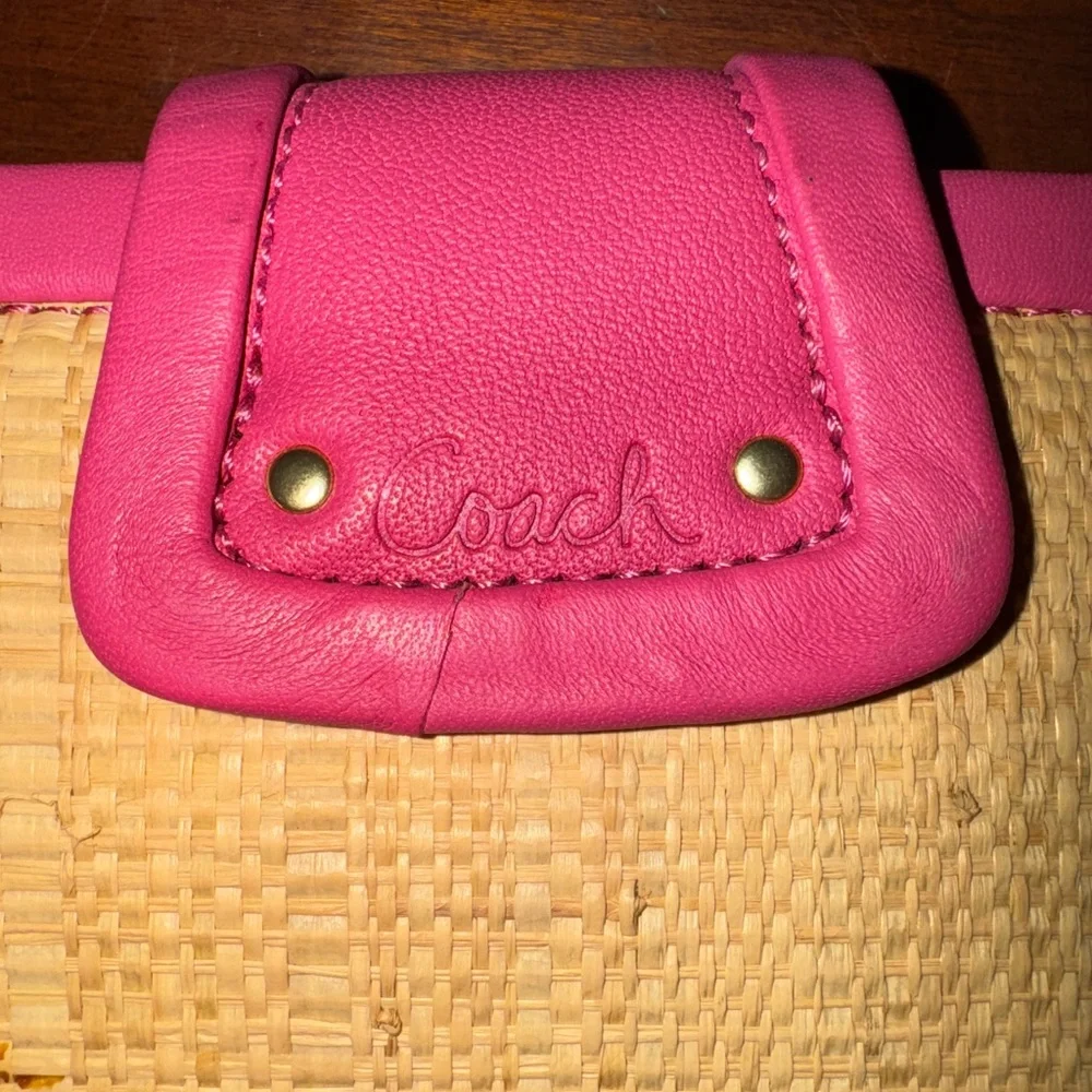 COACH Straw Collection Legacy Wallet Wristlet with Turnlock Bright Pink